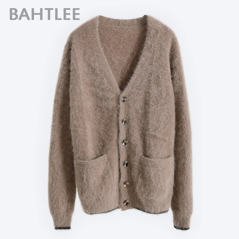 BAHTLEE-Knitted Short Cardigans with Pocket for Women, Wool Sweater, Angora Coat, Long Sleeves, V-Neck, Winter