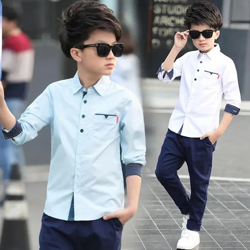 Kids White Striped Shirts For Teenager Boys Long Sleeve School Formal Birthday Blouse Shirts Tops Children Baby Clothes 6-14 Y