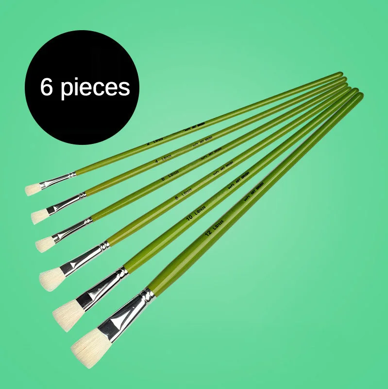 

6 pcs of green long rod wool hair flat head brush sets row pen gouache watercolor artist oil paint brush Art Supplies materials