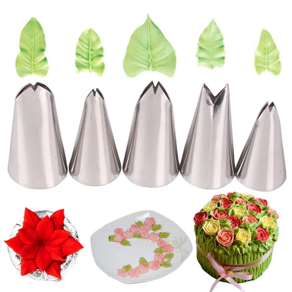 5Pcs/set Leaves Icing Piping Nozzles Stainless Steel Nozzle Pastry Writing Tips For Fondant Cake Baking Decorating Tools