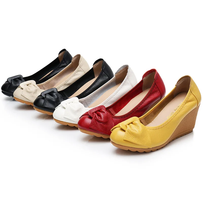 WOIZGIC Women Ladies Female Mother Woman's Genuine Leather Shoes Flats High Heels Slip On Summer Bow-knot Size 34-40 ZBM-A08