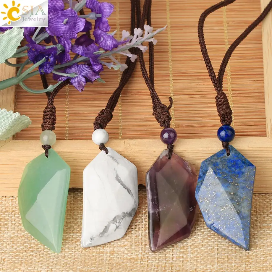CSJA Angel Wings Necklace Natural Crystal Stone Pendants Lapis Lazuli Purple Pink Quartz Tiger Eye Jewelry Adjustable Rope G658