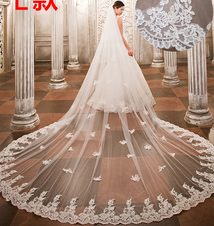 Luxury 3M 4M 5Meters Wedding Veils With Lace Applique Edge Long Cathedral Length Veils Twq Layer Tulle Custom Made Bridal Veil