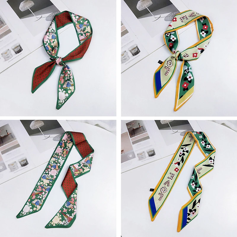 2019 Satin DIY Print Small Scarf Women Riband Handle Bags Scarf Narrow Long Wrist Small Ribbon Fashion Hair Band Scarves & Wraps image 2