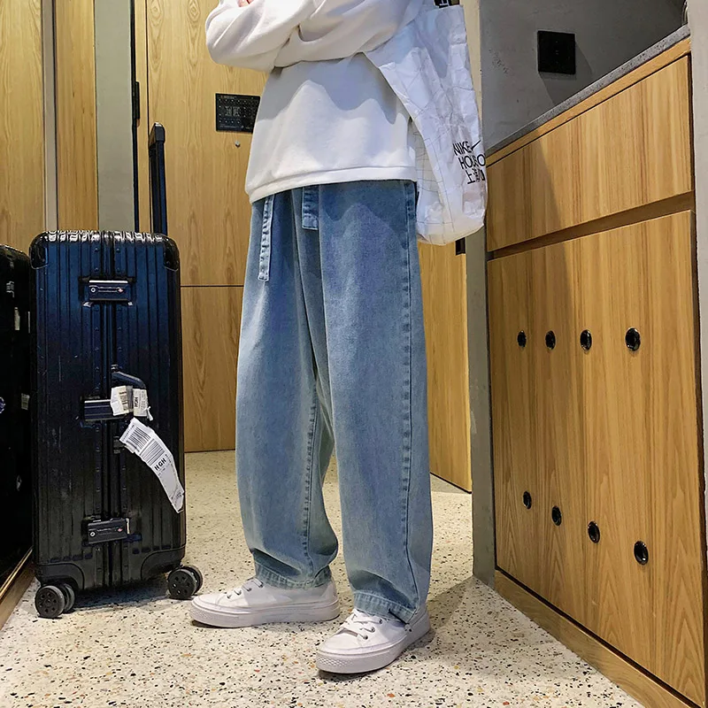 New mens jeans men's trend loose solid simple straight pants casual cool versatile floor long pants streetwear denim