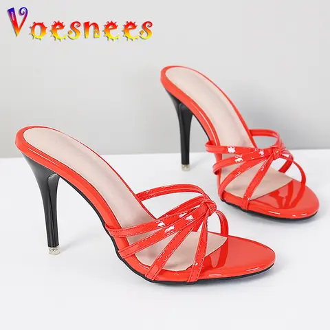 페이턴트 가죽 단색 모던 슬리퍼, 사무실 커리어 숙녀 슬리퍼, 외부 슬라이드 여성 샌들, 얇은 하이힐, 섹시한 신발