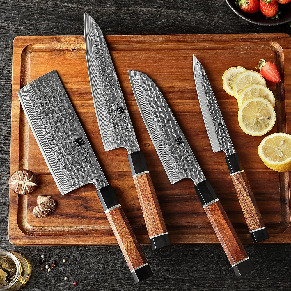 NEW XINZUO 4PCS Kitchen Knives Set Desert Ironwood Handle Japanese Damascus Steel Chef  Santoku Cleaver Utility Kitchen Knives