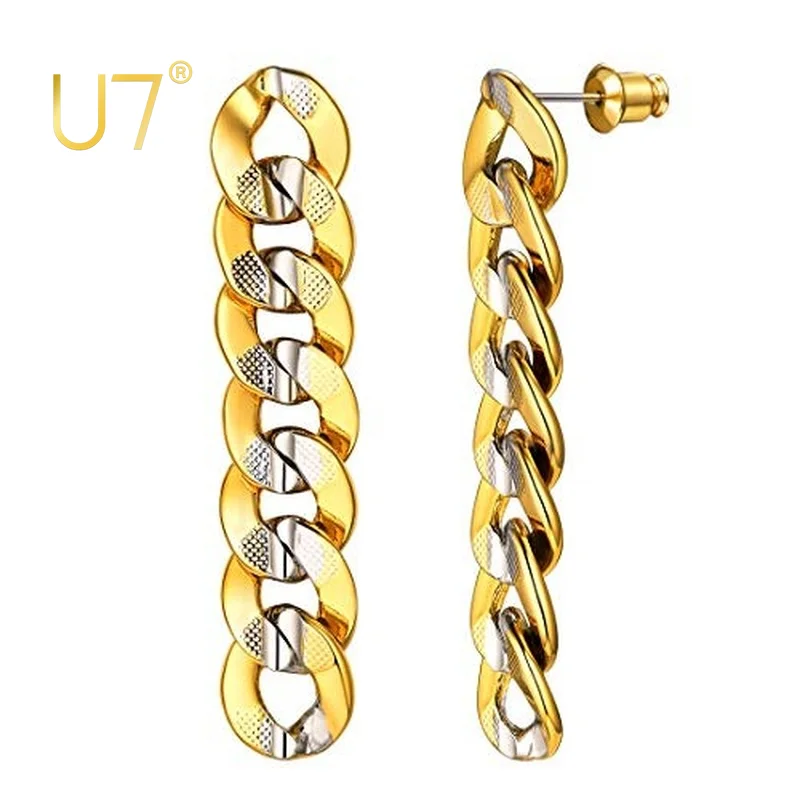 U7 Cuban Chain Earrings Two Tone Metal Drop Earrings Women Elegant 9mm Chunky Curb Link Drop Earrings QC24