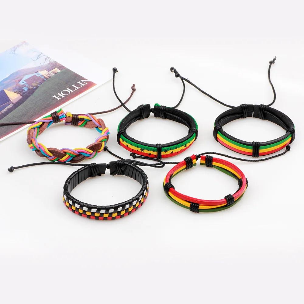 High Quality Multilayer Leather Jamaica Bracelet Braid Rope Wrap Boho Bangle Unisex Colorful Adjustable Hiphop Wristband Jewelry