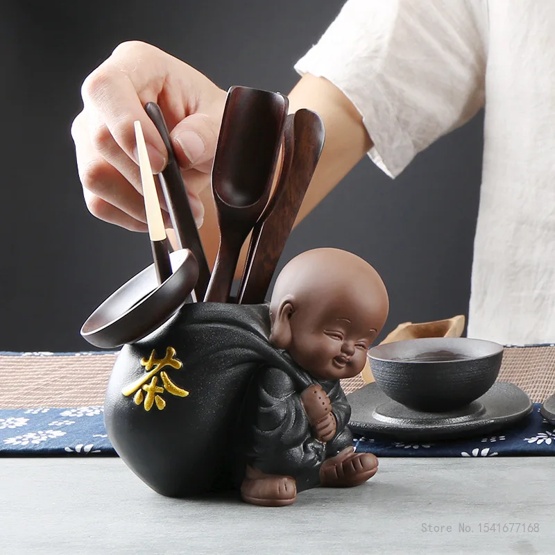 

Zen Tea Zisha Little Monk Tea Ceremony, Six Gentlemen Ebony Wood Bamboo Set, Tea Set Accessories