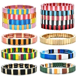 New Neon Rainbow Elastic Bracelet Enamel Tile Bracelets Metal Bohemian Pulseras Women Fashion elastic Jewelry Paint Beads Bangle