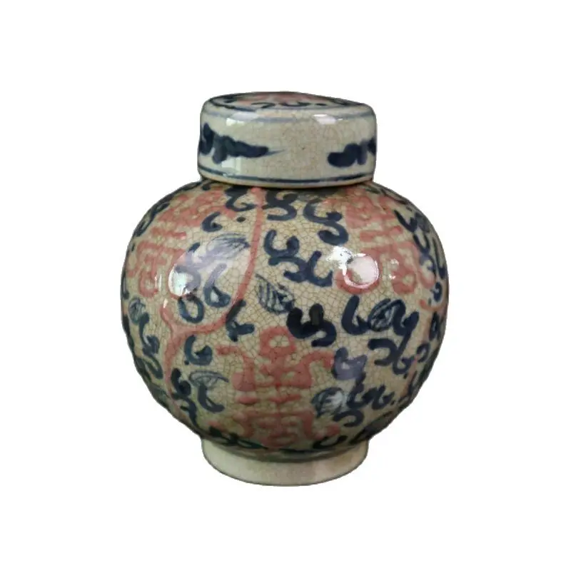 Chinese Old Porcelain Cracked Pattern Blue And White Glaze Red Shou Word Pattern Sky Storage Jar Cover Can