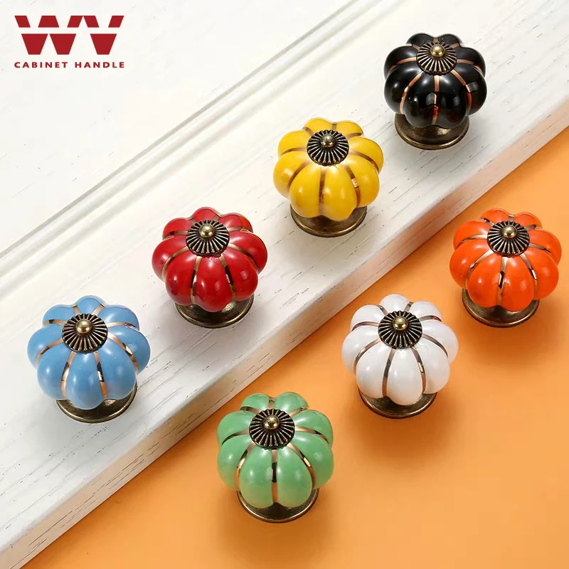 WV Kitchen Cabinet Storage Colorful Ceramic Knob Dressers Wardrobe Pumpkin Handle Single Hole Cabinet Screw Furniture Home Decor