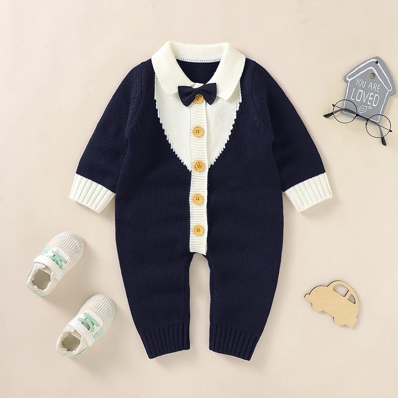 Baby Romper Long Sleeve Autumn Newborn Boy Jumpsuit Outfit Fashion Tie Turn-down Toddler Infant Clothing Knit Playsuit One Piece