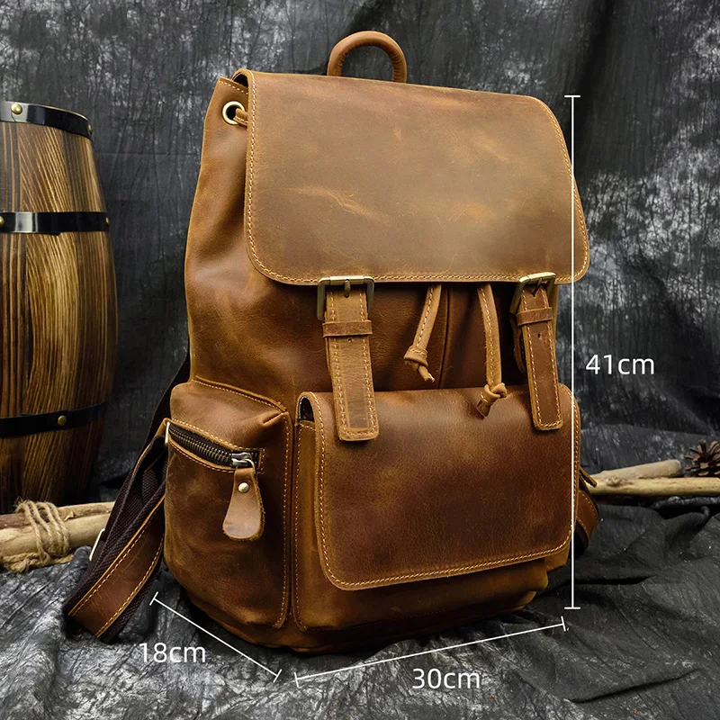 Vintage Crazy Horse Leather Backpacks Mens Genuine Leather Rucksack Durable Leather School Bag for male Travlling Bagpacks