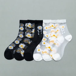 3 Pairs Of Women's Flower Socks Summer Crystal Glass Stockings Medium Short Tube Thin Transparent Daisy  Jacquard Elastic  Socks