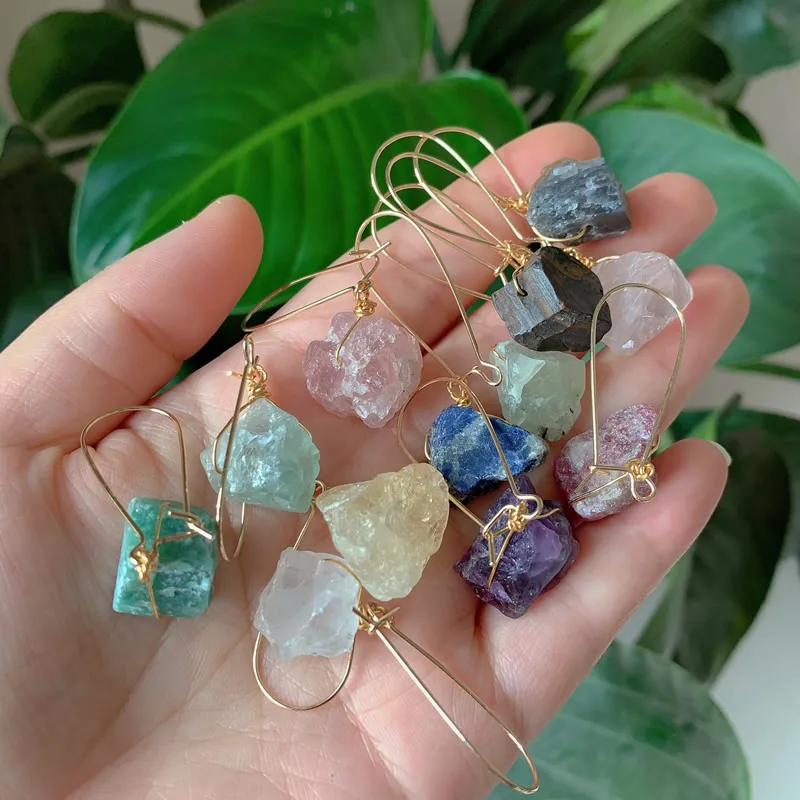 Raw Mineral Stone Rock Crystal Earrings Natural Amethysts Lapis Fluorite Citrines Amazonite Pink Quartz Dangle Earrings Healing