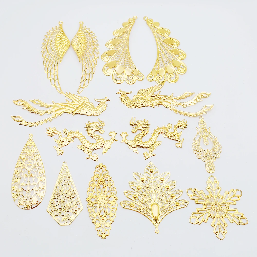 10 Pieces Gold color Phoenix dragon Metal Filigree Big Flowers Slice Charms Wrap Connector Jewelry DIY Components Hair Accessory