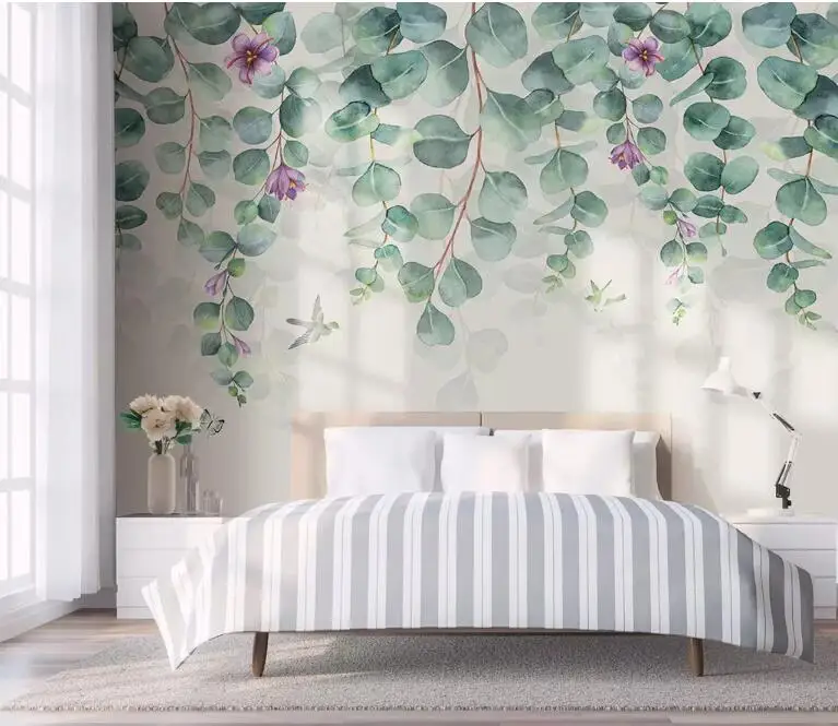 

Bacal wall papers home decor Custom wallpaper 3D Nordic minimalist tropical leaves flowers butterfly bird green leaf room wall