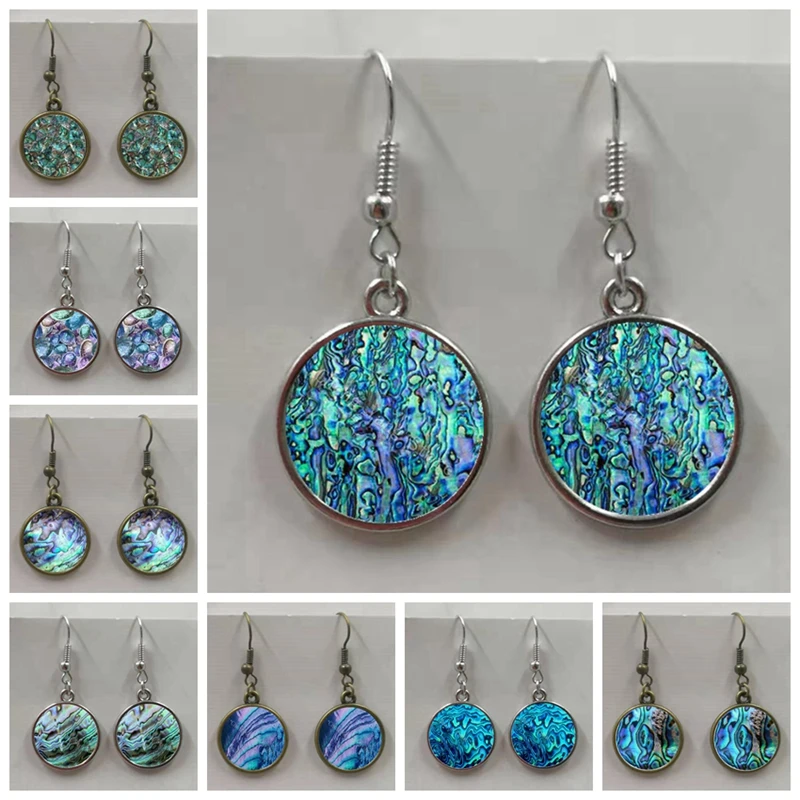 Round glass shell abalone pattern round glass pendant earrings, earrings jewelry wholesale