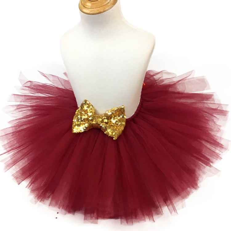 Baby Burgundy Tutu Skirts Girls Ballet Tulle Pettiskirts Underskirt with Gold Sequin Bow Children Birthday Party Costume Skirts