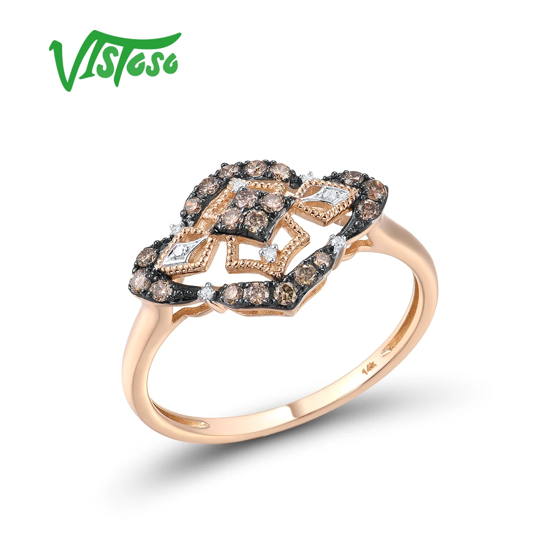 VISTOSO Genuine 14K 585 Rose Gold Ring For Women Sparkling Diamond Brown Diamond Ring Elegant Engagement Wedding Fine Jewelry