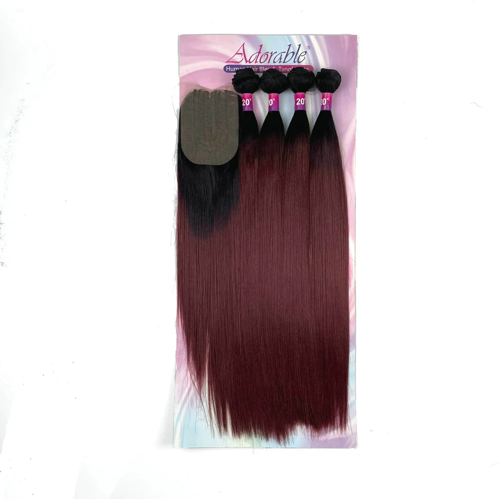 Ombre Red Color Yaki Straight Suit Packet Synthetic Bundles With Lace Closure For Black Woman 20 INCH T1BBUG Amazing Yaki 4pcs