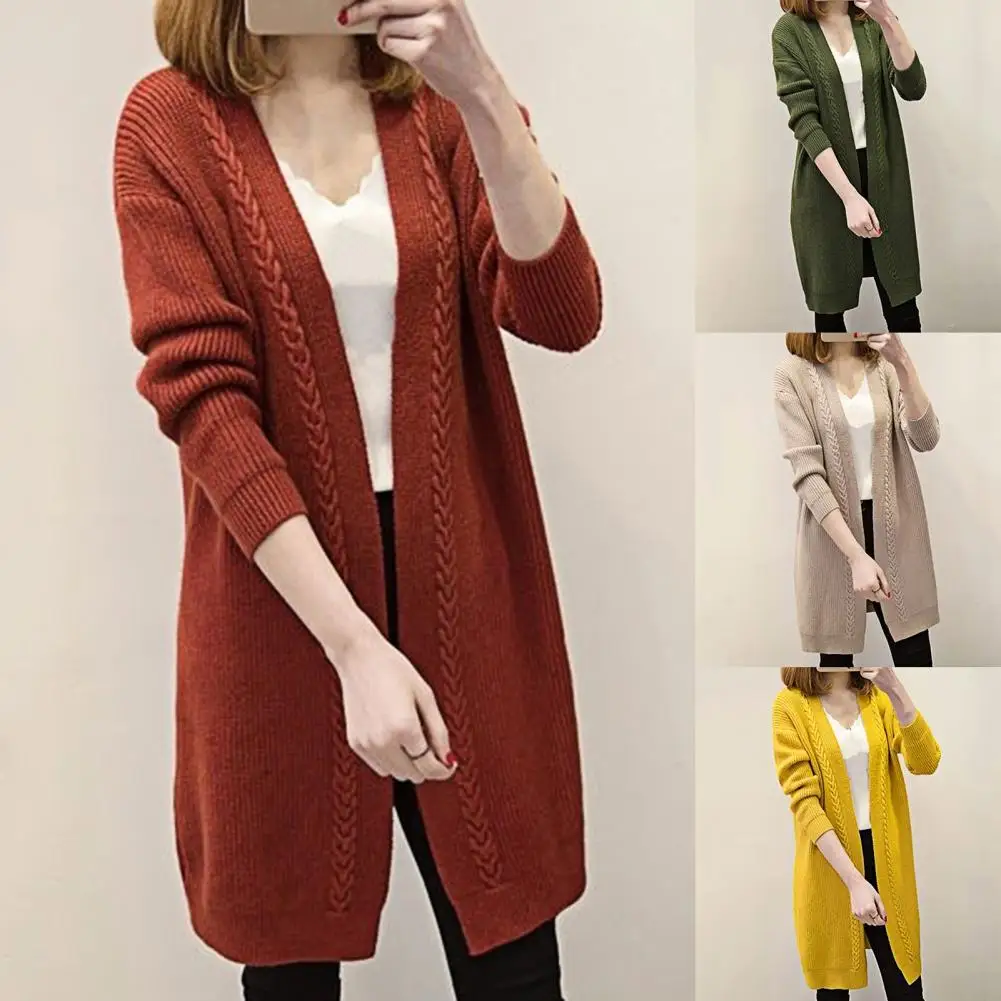 Long Sleeve Mid-Length Women Cardigan Autumn Winter Solid Color Twist Edge Knitted Coat Outerwear