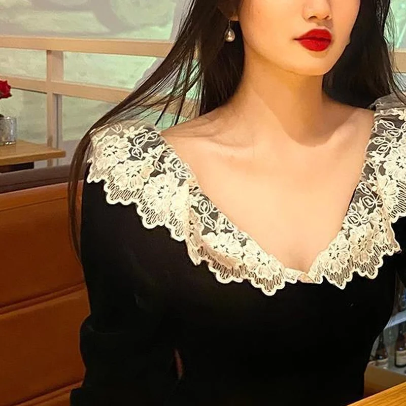 Long Sleeve Dress Women Lace Side Split Design Velvet All Match Vintage Classic Fashion Korean Elegant Ladies Party Vestidos Ins