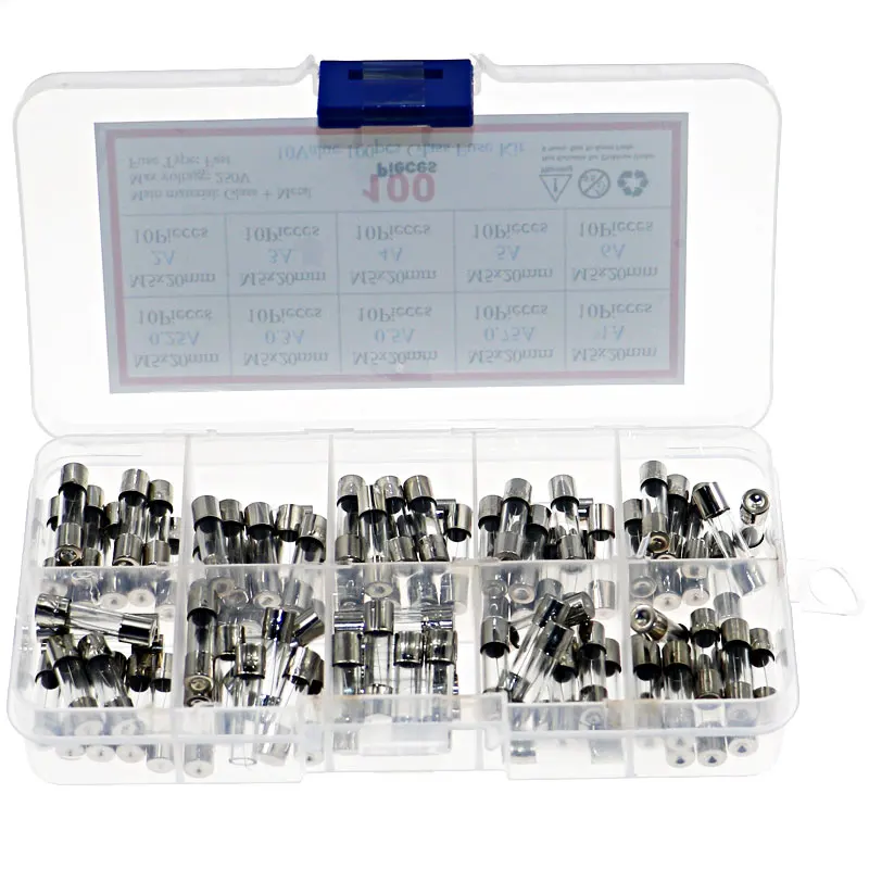 100Pcs 5x20mm 0.25A-6A Quick Blow Glass Tube Fuse Assorted Kit Fast-blow Glass Fuses