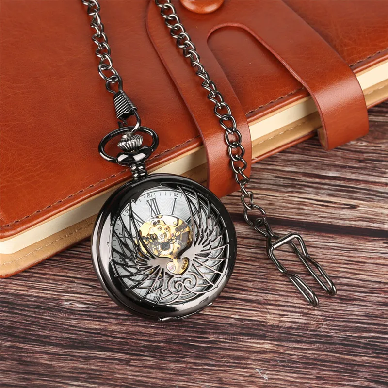 Steampunk Bronze Hollow Handwinding Mechanical Pocket Watch Roman Numerals Display Pendant Chain FOB Clock Gifts for Men Women