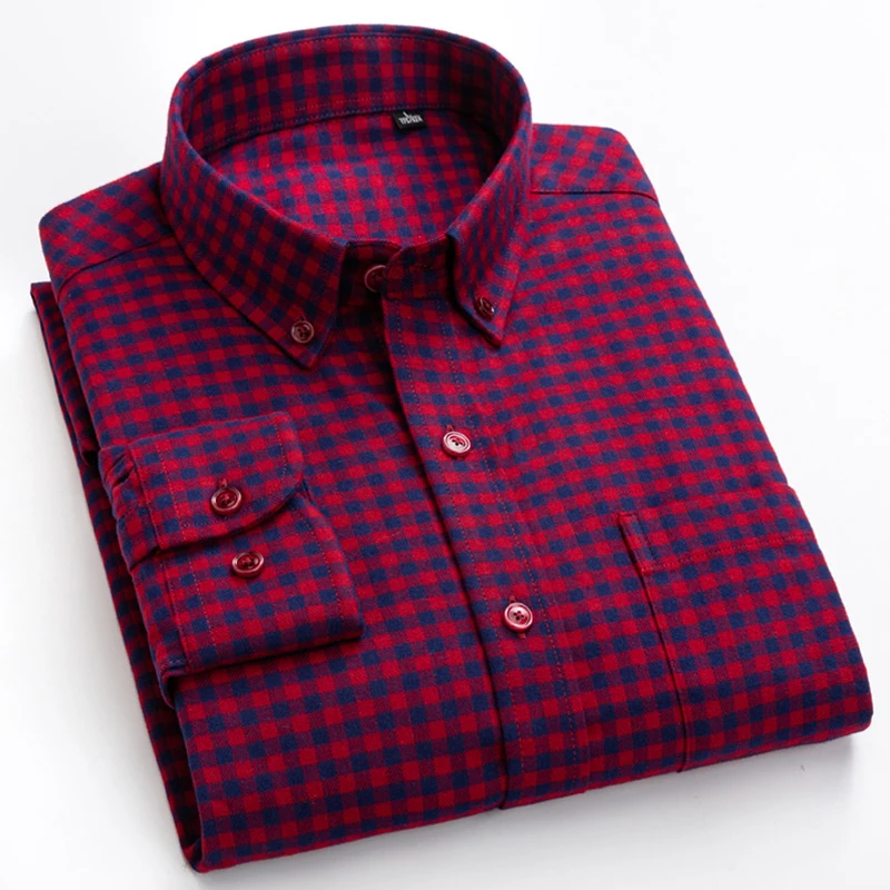 Camisa de algodón cepillado con botones para hombre, camisa informal de manga larga, ajuste estándar, cómoda, gruesa, franela a cuadros Gingham