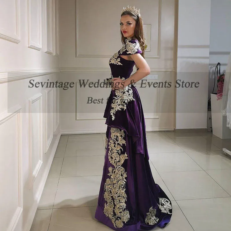 Customized High Neck Mermaid 3 Pieces Evening Dress Overskirt Velour Gold Lace Formal Dress vestido de noiva Algerian Outfit