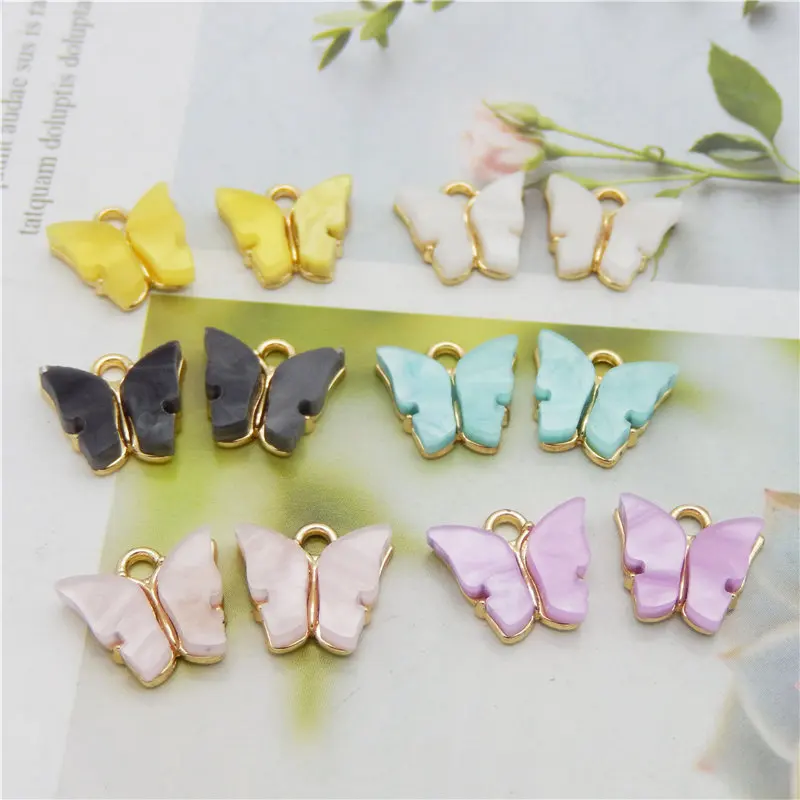 Julie Wang 6PCS Tiny Butterfly Charms Acrylic Wings Zinc Alloy Solid Color Pendant Bracelet Jewelry Making Accessory