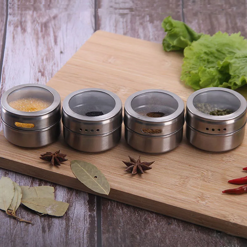 6pcs/set Magnetic Spice Tin Jar with Rack Stainless Steel Spice Sauce Storage Container Clear Lid Jars Kitchen Condiment