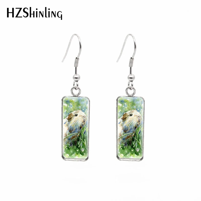 2021 New Guinea Pigs Rectangular Earring Animal Art Fish Hook Earrings Glass Cabochon Handmade Jewelry