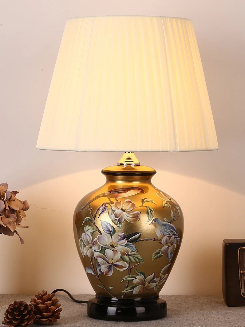 Retro New Chinese Bird and Flower Ceramic Table Lamp Bedroom Bedside Lamp Living Room Bedside Lamp