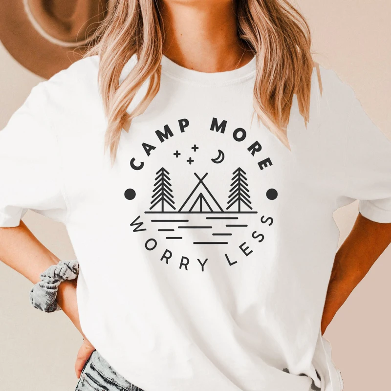 Camp More Worry Less 100%Cotton T-shirt Cute Camping Outdoor Shirt Vintage Women Mountains Hiking Tshirt