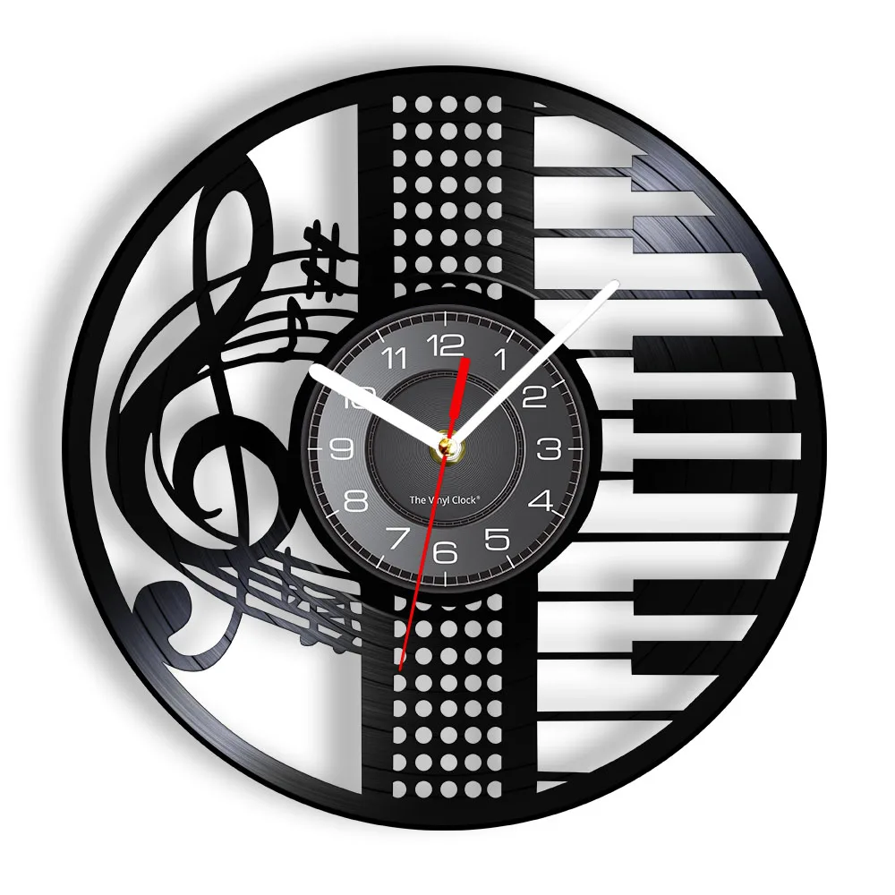 Piano Keys Music Score Notes Vinyl CD Disc Wall Clock Music Pianist Room Decor Treble Clef Symbol Musician Home Decor Timepieces