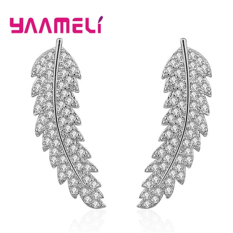 Hot Sale Korean Elegance Leaf Women Stud Earring 925 Sterling Silver Clear Rhinestone CZ Crystal Handemade Ear Brincos Pendiente