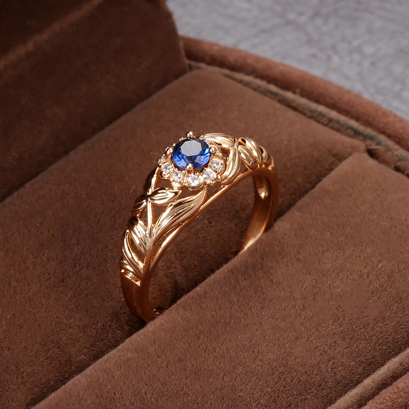 Blue Natural Zircon Rose Gold Hollow Flower Ring for Women - Wedding