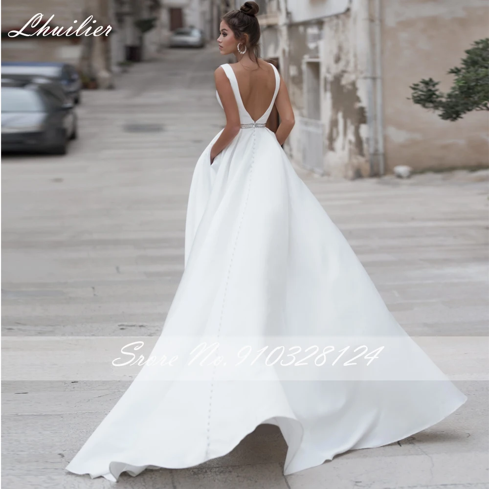 Lhuilier personnalisé une ligne col en V robes de mariée en Satin sans manches longueur de plancher dos nu robes de mariée avec ceinture de perles