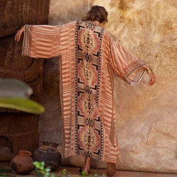 Retro-fashion Geometric Kimono Tie Long Cardigan Rhombus Pattern Bohemia Ankle Lady Girl Length Coat Bikini Covers Beach wearing