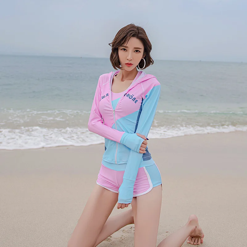 3pcs/set Women\'s Rashguard Swimsuit Zip Front Sun UV Protection Long Sleeve Hoodie Swim Shirt Bra Short Beachwear Color Blocks