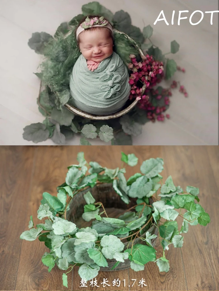 Newborn Photography Prop Simulated Green Plants Basket Stuffer Accessorie Berry Daisy Rattan Strip Vine Studio Shooting Flowers