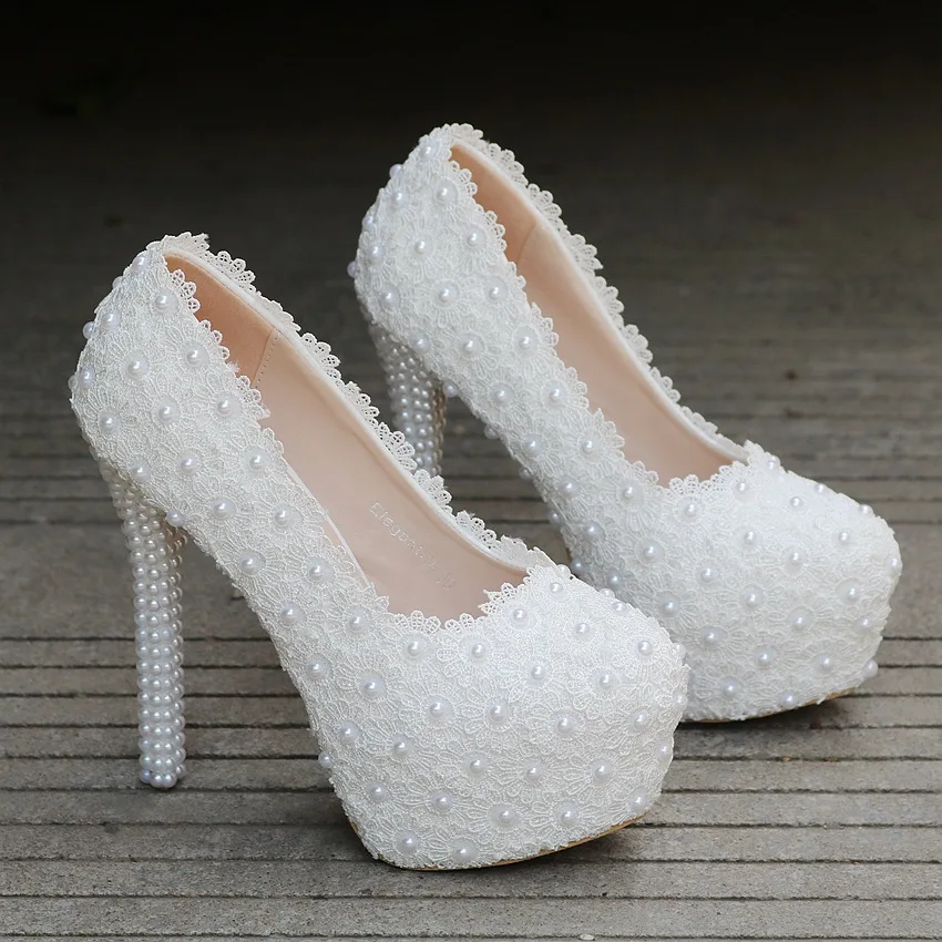 scarpe da sposa da donna con plateau e tacchi alti con fiori in pizzo bianco, décolleté da donna, scarpe da sposa da donna di grandi dimensioni,