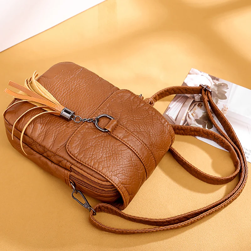 Soft Leather Crossbody Bags for Women High Quality Solid Color Tassel Shoulder Bag Retro Cell Phone Purse Handbags