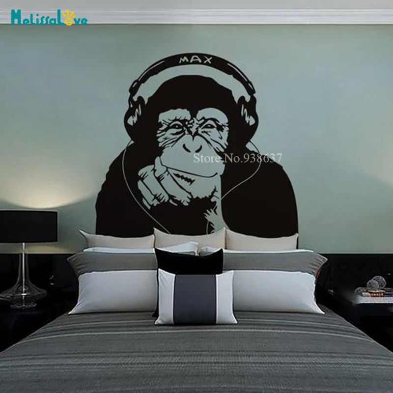 Gorilla Monkey with Headphones Decal Listening to Music Home Living Room Decor Waterproof Removable Vinyl Wall Sticker BD208