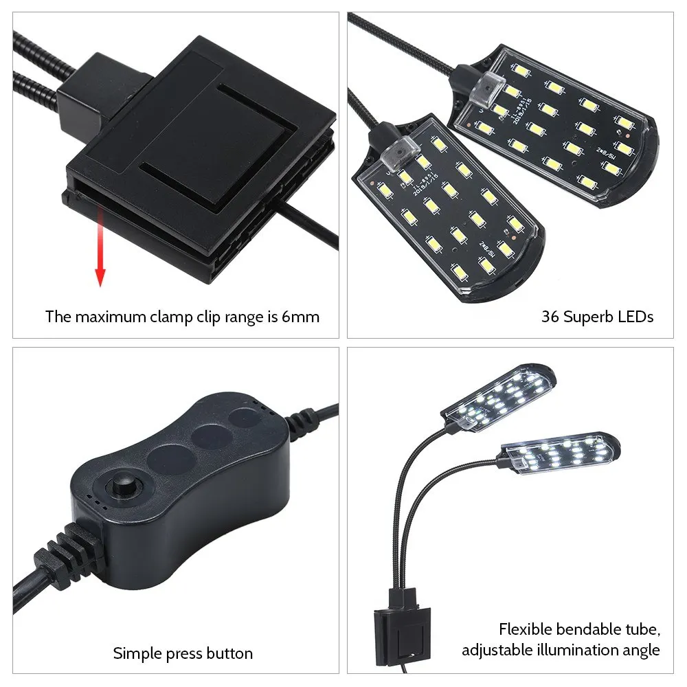 Luz LED de doble gama para acuario, lámpara Flexible y Flexible con ángulo de iluminación Flexible, portátil, 15W, 36 LED, AC220V