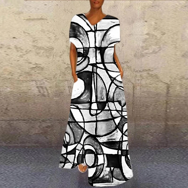 Ladies Elegant Abstract Girl Printed Party Dresses Casual Short Sleeve V Neck Long Dresses Summer Loose A-line Dresses Vestidos